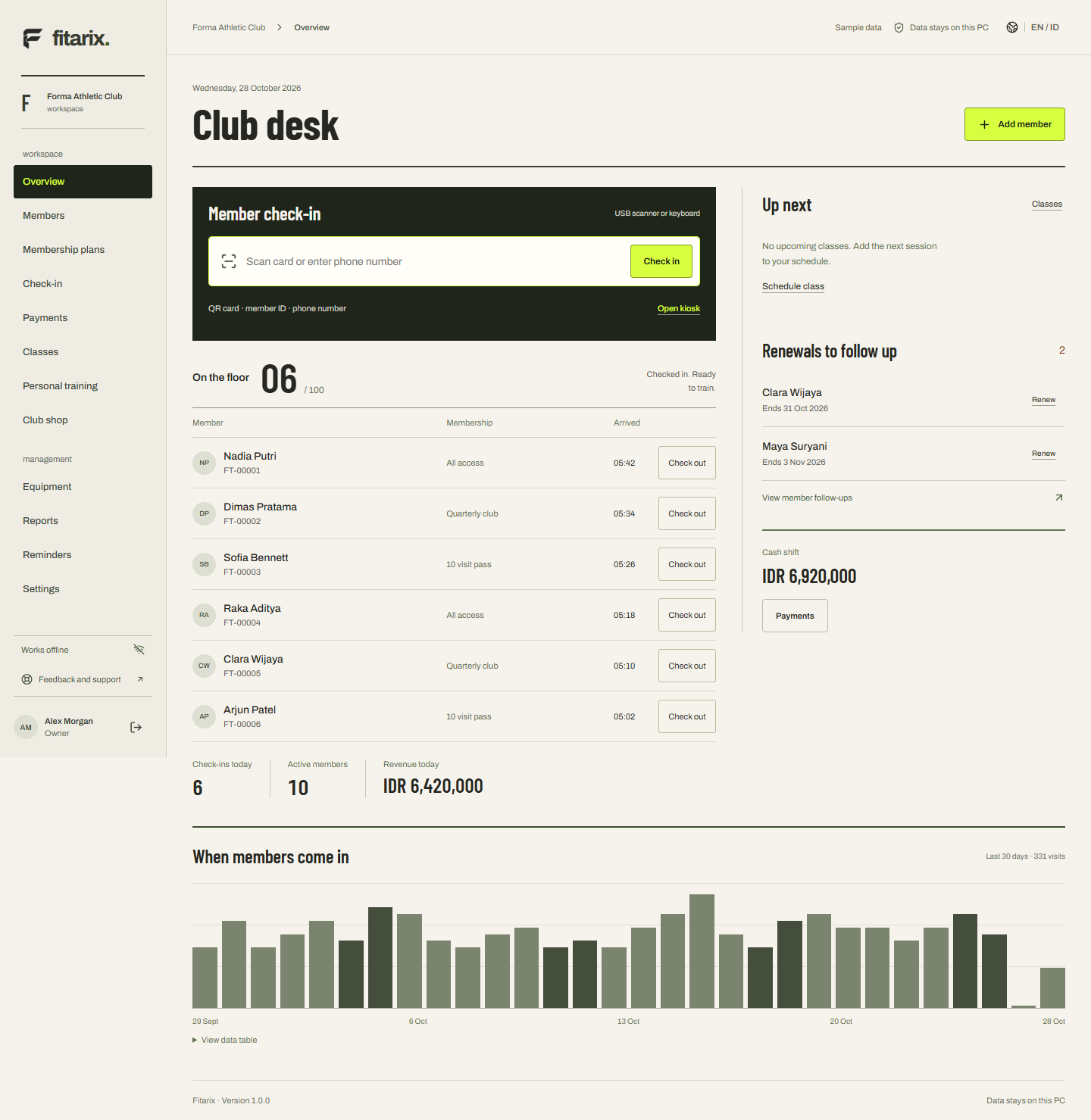 Fitarix club desk with check-in, member register, class schedule and membership renewals